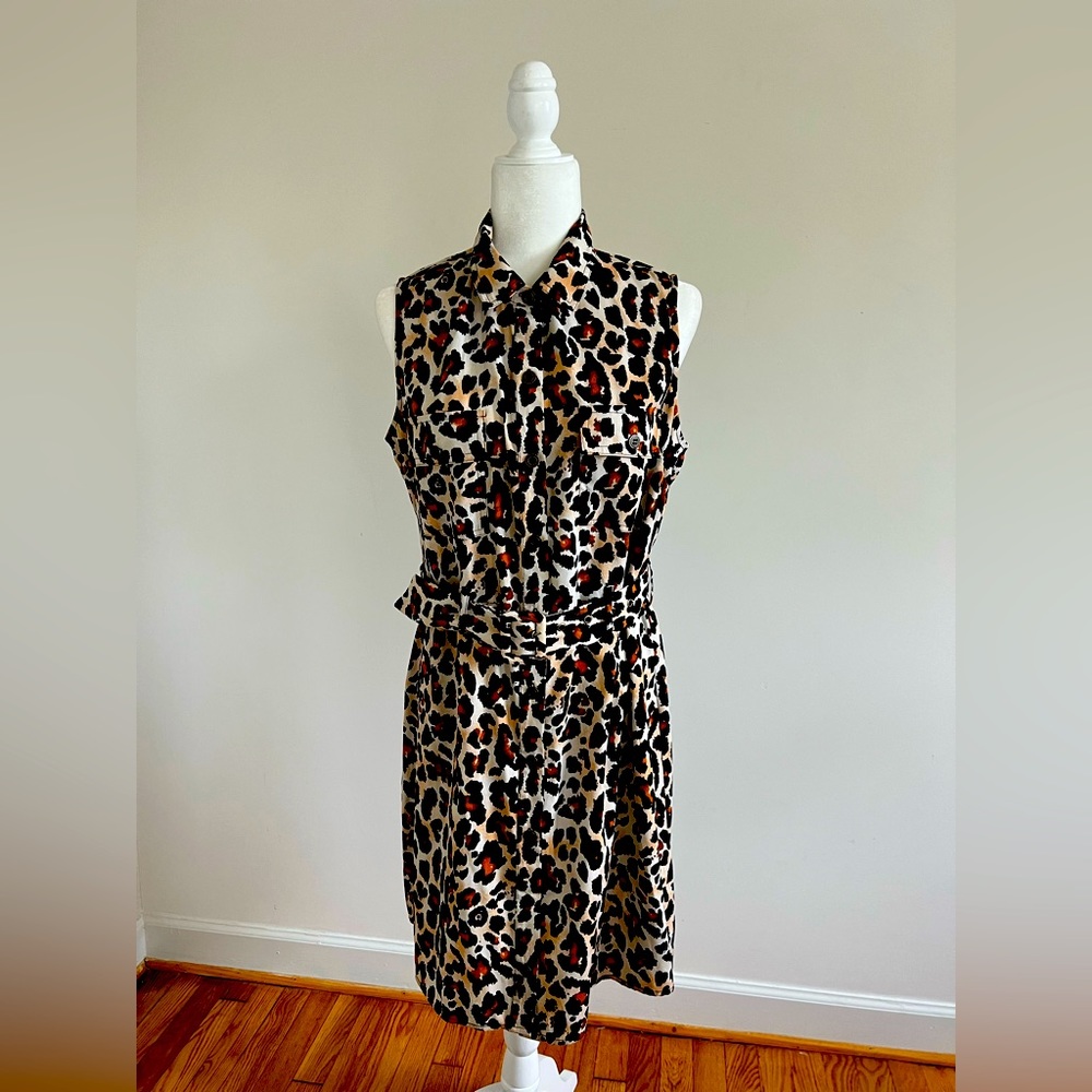 Leopard Print Collared Button Down Belted Dress - image 1